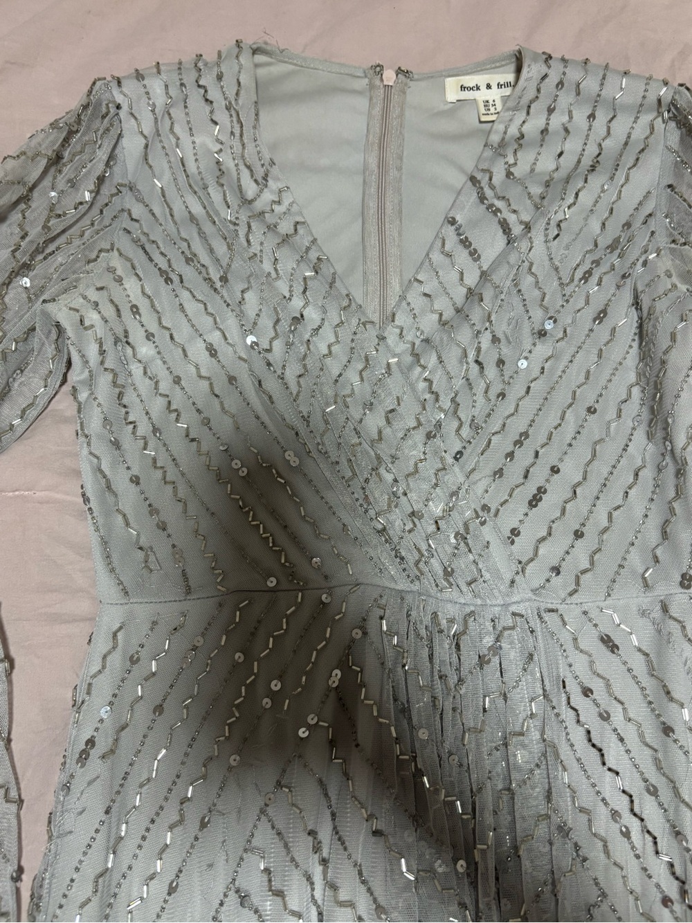 Silver Sequin V-Neck Long Sleeve Dress